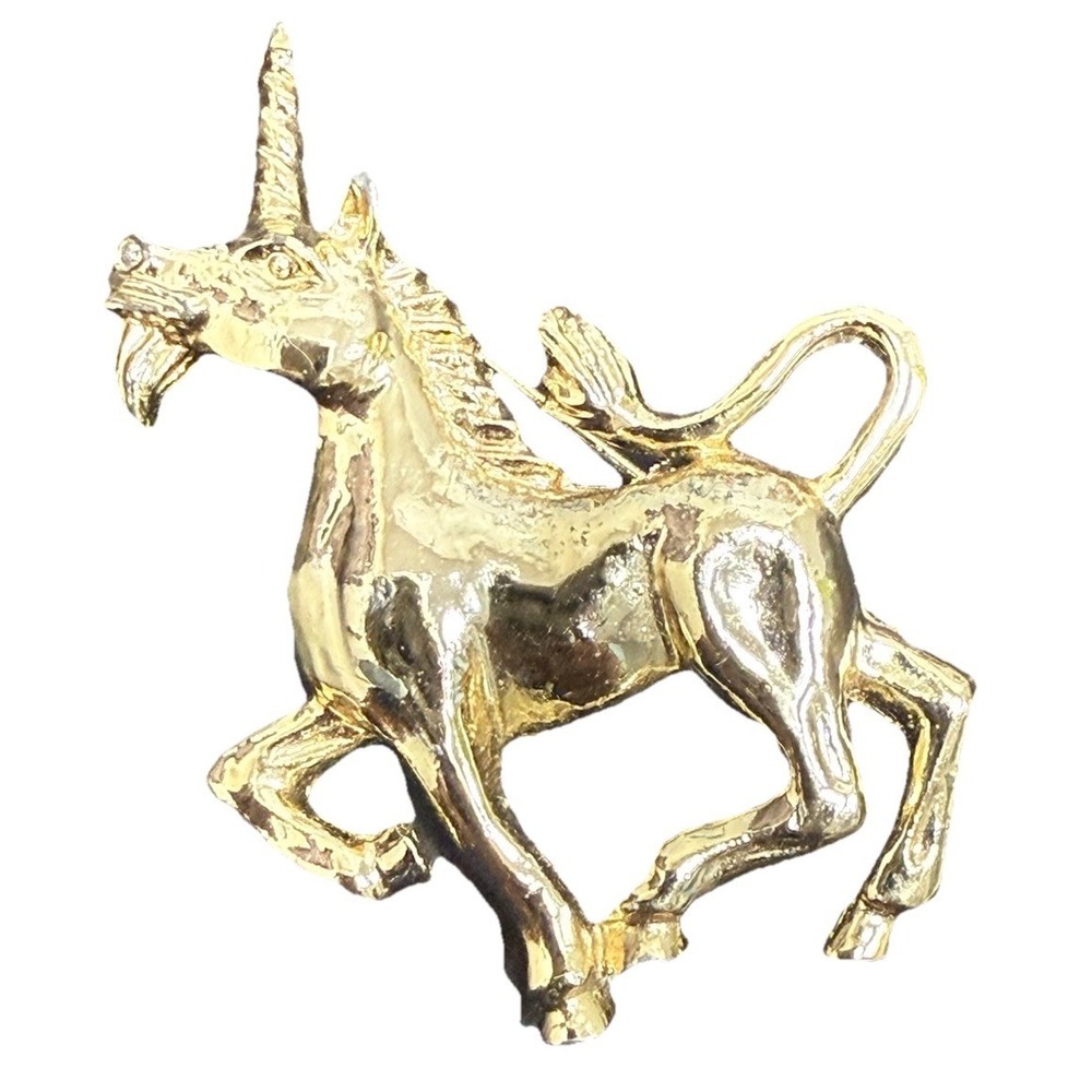 Gerry's Shiny Gold Tone Prancing Unicorn Brooch Lapel Pin Signed Fantasy horse